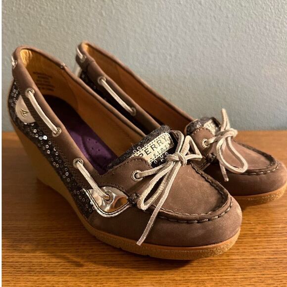 Sperry Top Womens 8.5M Brown Suede Sliders Cream Sequins Silver Wedges Heel - Picture 1 of 7